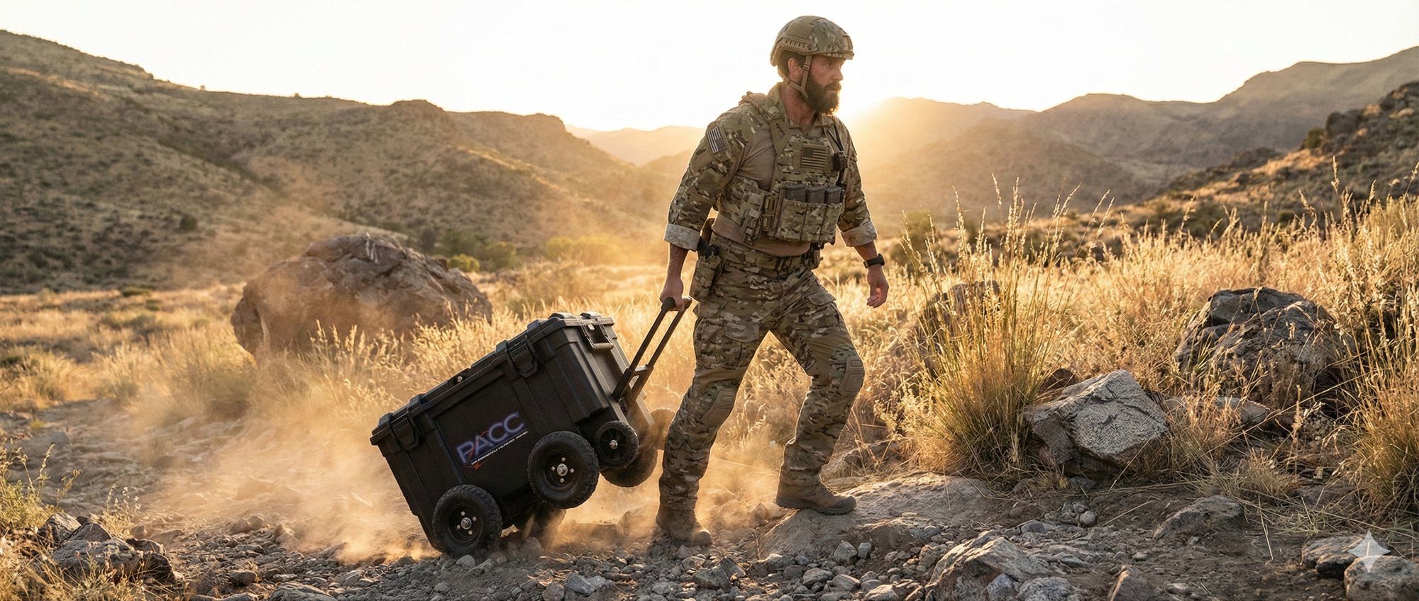 Soldier deploying PACC in desert terrain
