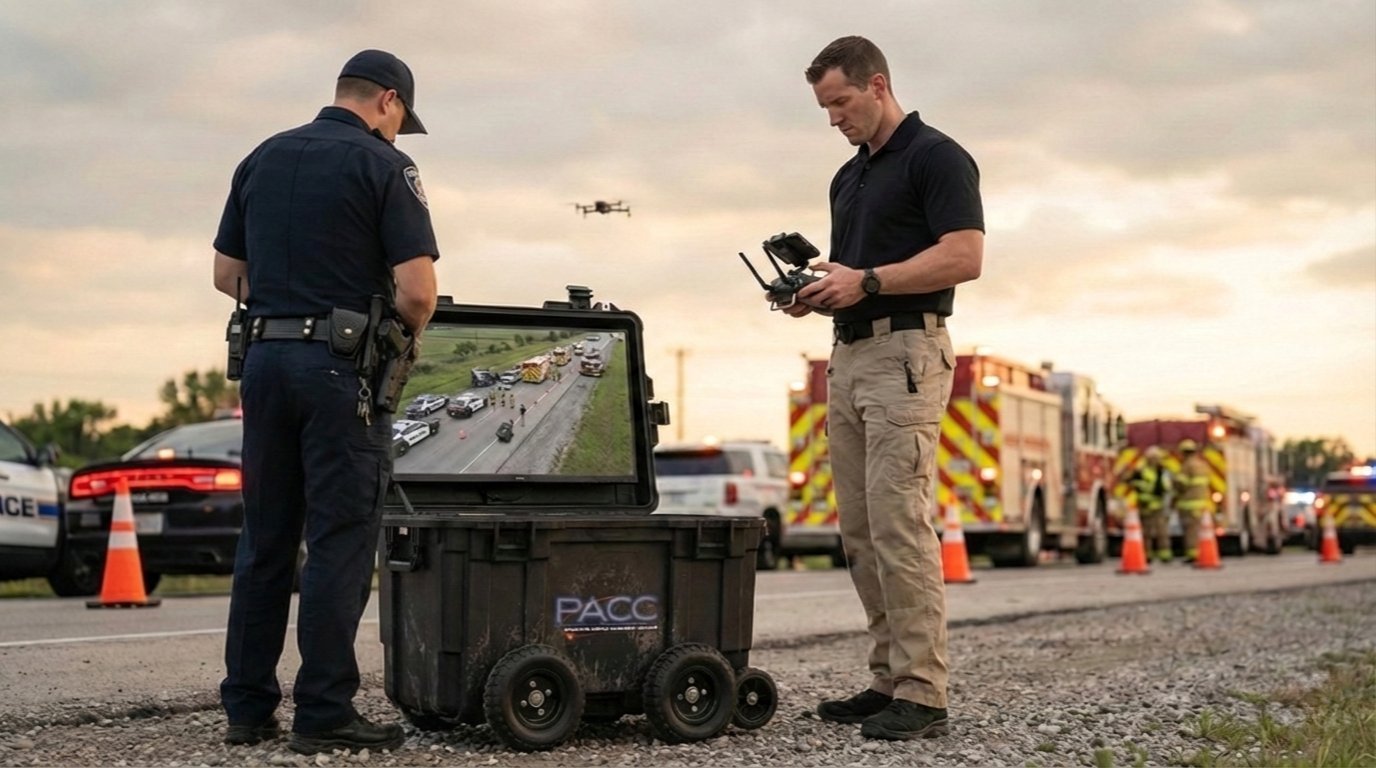 Police officer reviewing aerial evidence at crash scene